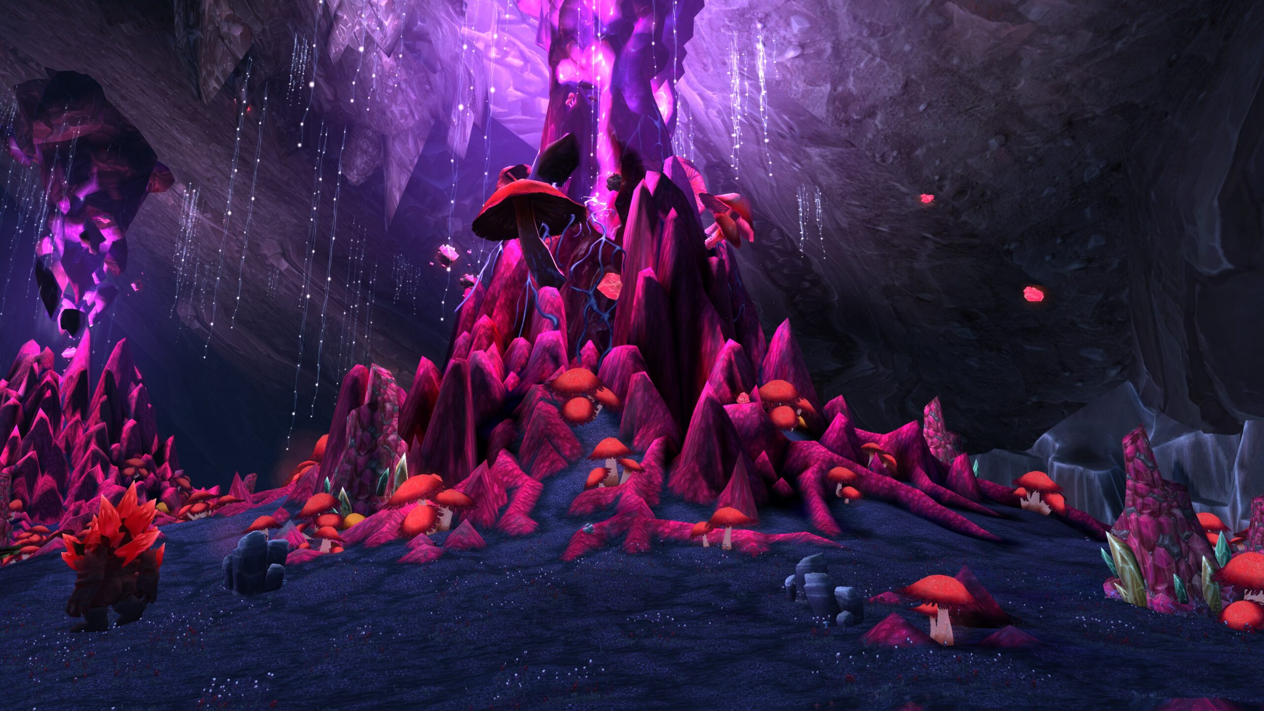A screenshot of the World of Warcraft zone Deepholm, which is a giant underground zone with vibrant colors, rock structures, and mushrooms.