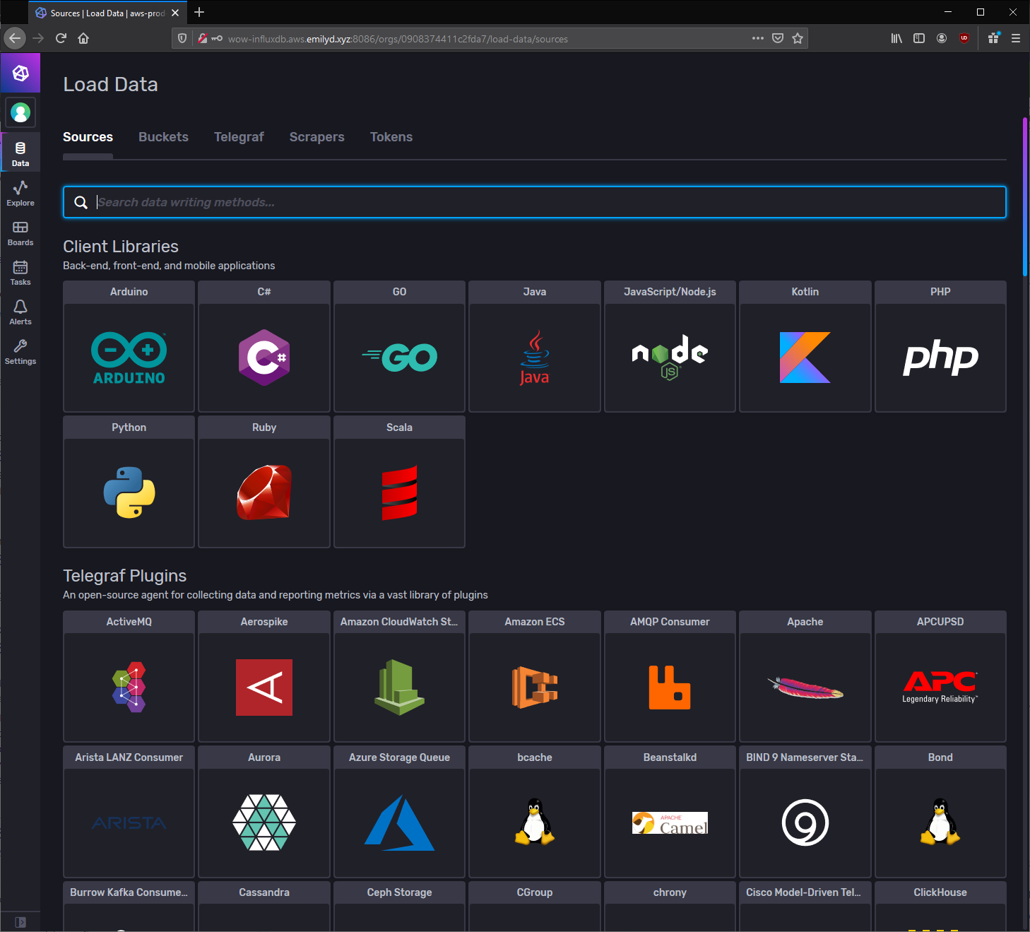 InfluxDB sources screen, showing various libraries and integrations