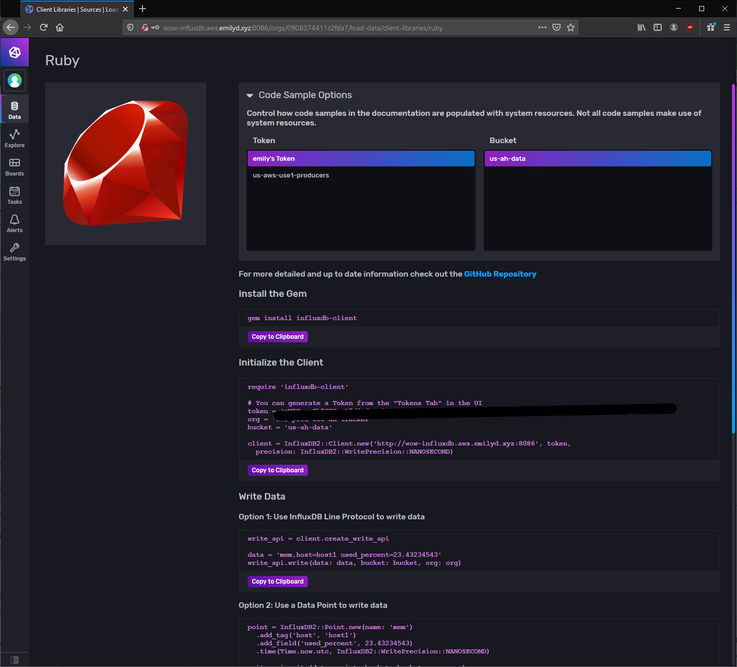 InfluxDB example code generated for Ruby within the web interface
